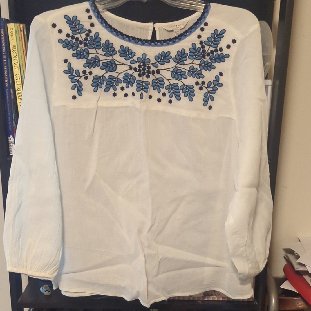 Lucky Brand White Blouse with Blue Embroidery